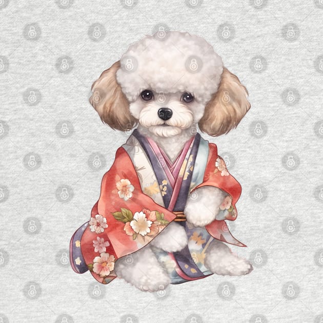 Watercolor Poodle Dog in Kimono by Chromatic Fusion Studio